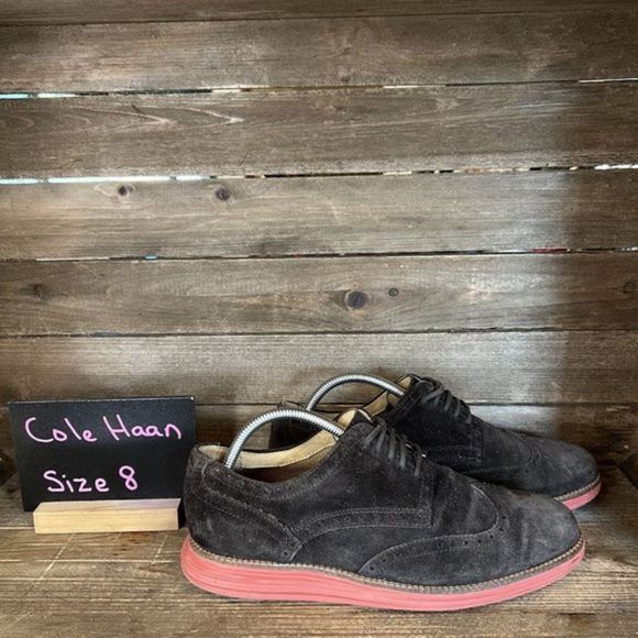 Mens Cole Haan Lunargrand Brown Suede Wingtip‎ Brogue Dress Shoes Size 8 M GUC - Picture 1 of 6